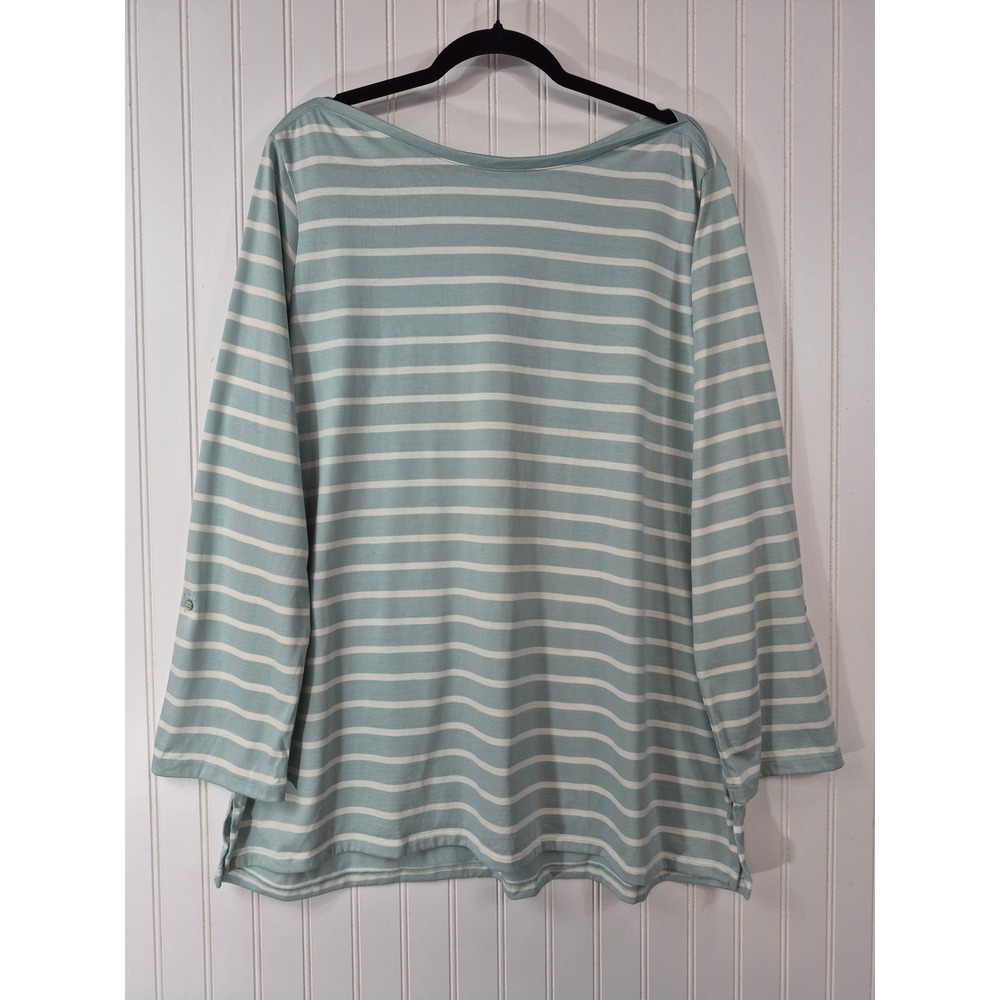 Lands End Womens 2X Blue White Striped Boat Neck 100% Cotton Roll Tab Sleeve Top